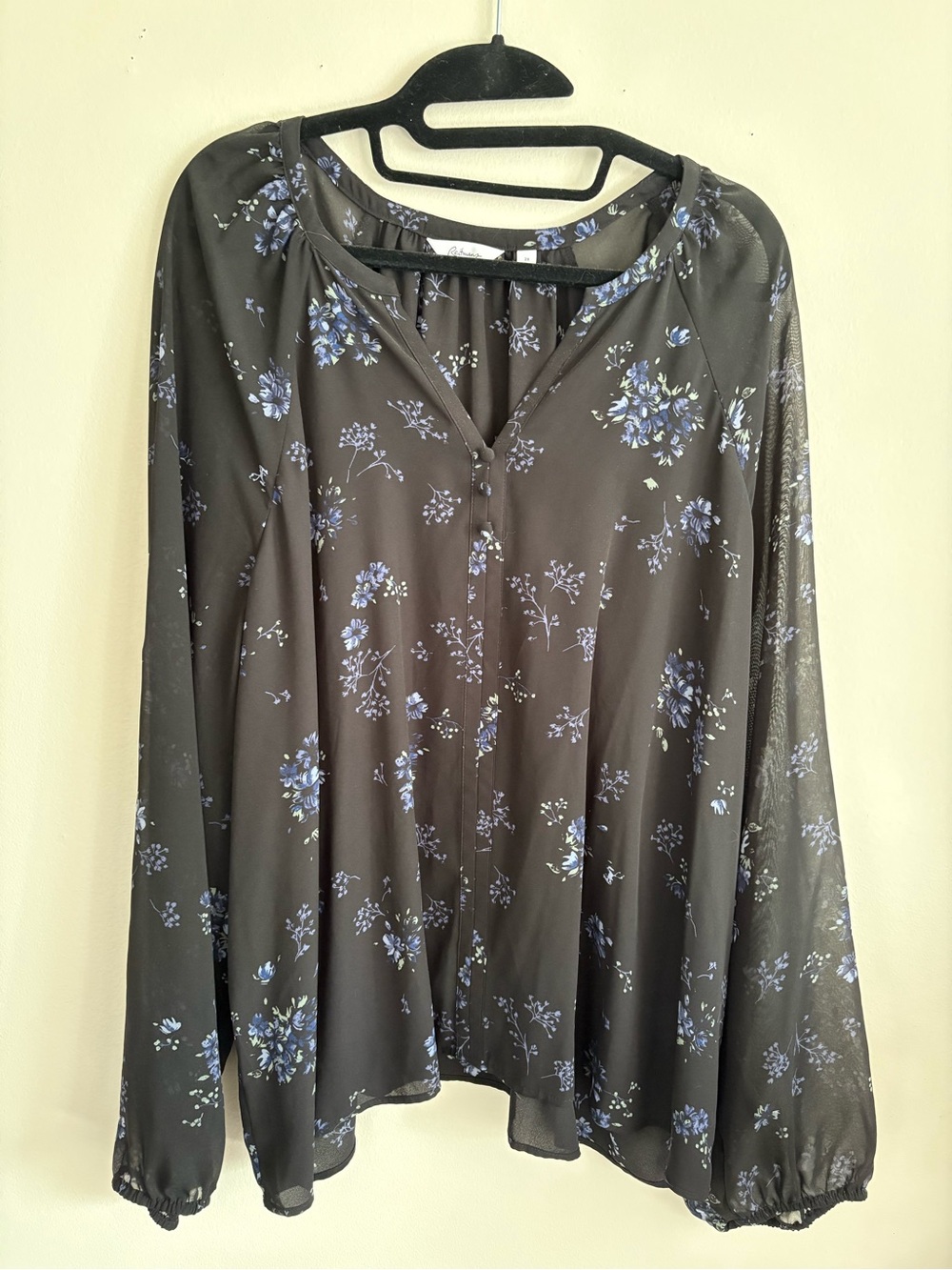 Reitmans Black Sheer Blouse with Blue Floral Print